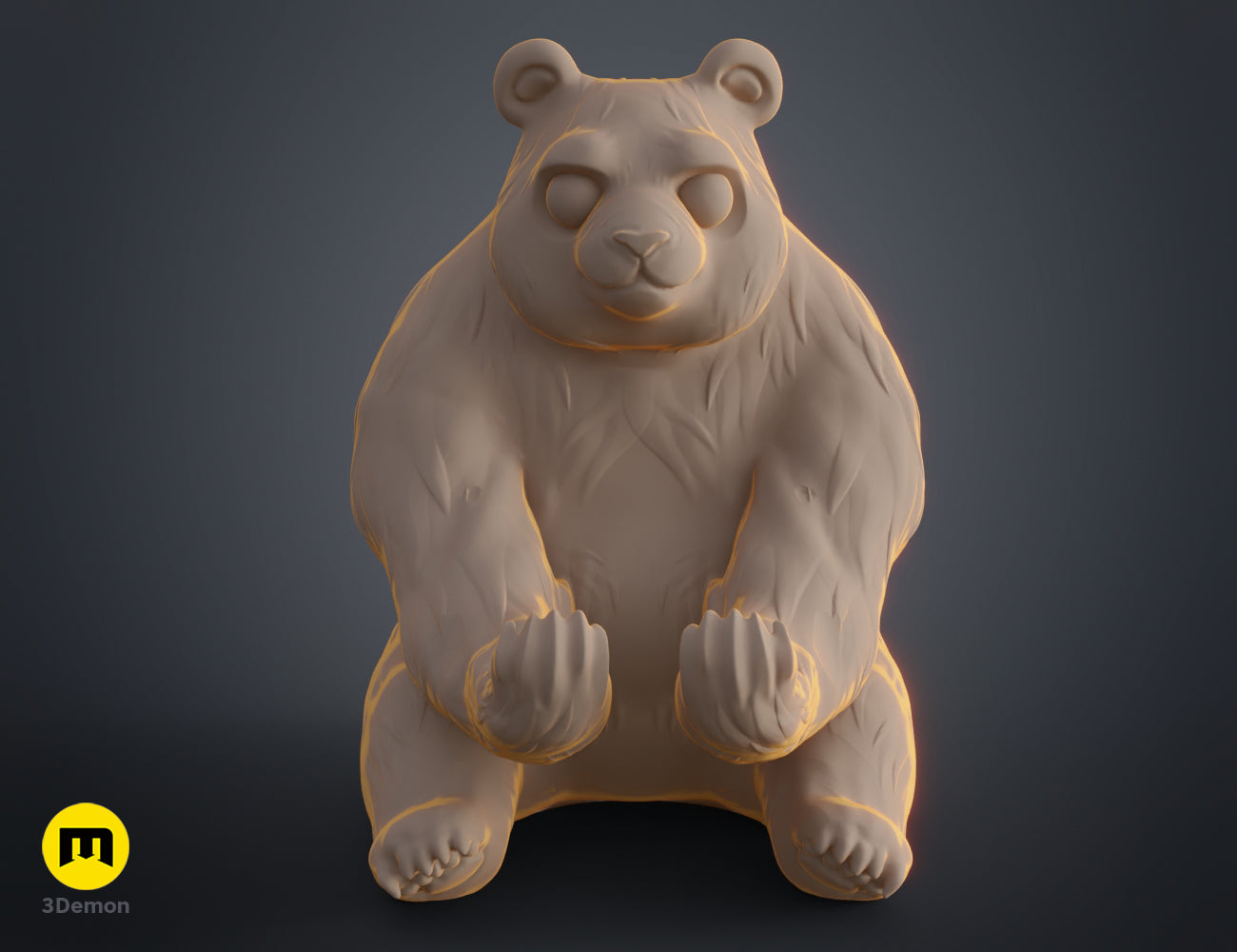 Front view 3D digital model of a cute panda figurine in a clay-like tan material with orange rim lighting.