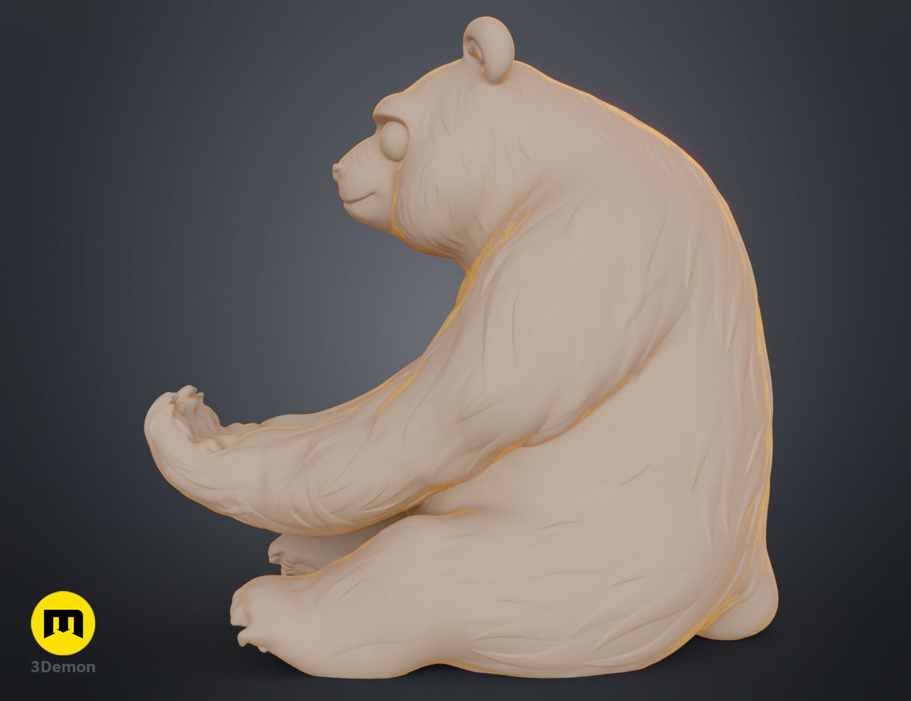 Side view 3D digital model of a cute sitting panda figurine in a neutral tan material with orange rim light.