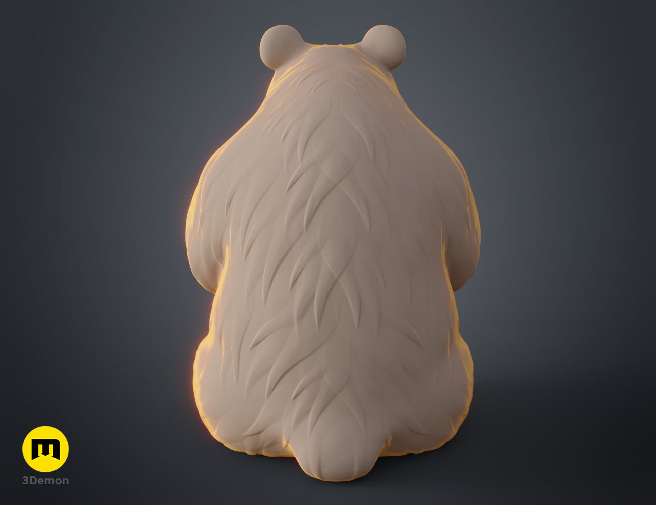 Rear view 3D digital model of a cute panda figurine in a tan material, highlighting the textured fur sculpture.
