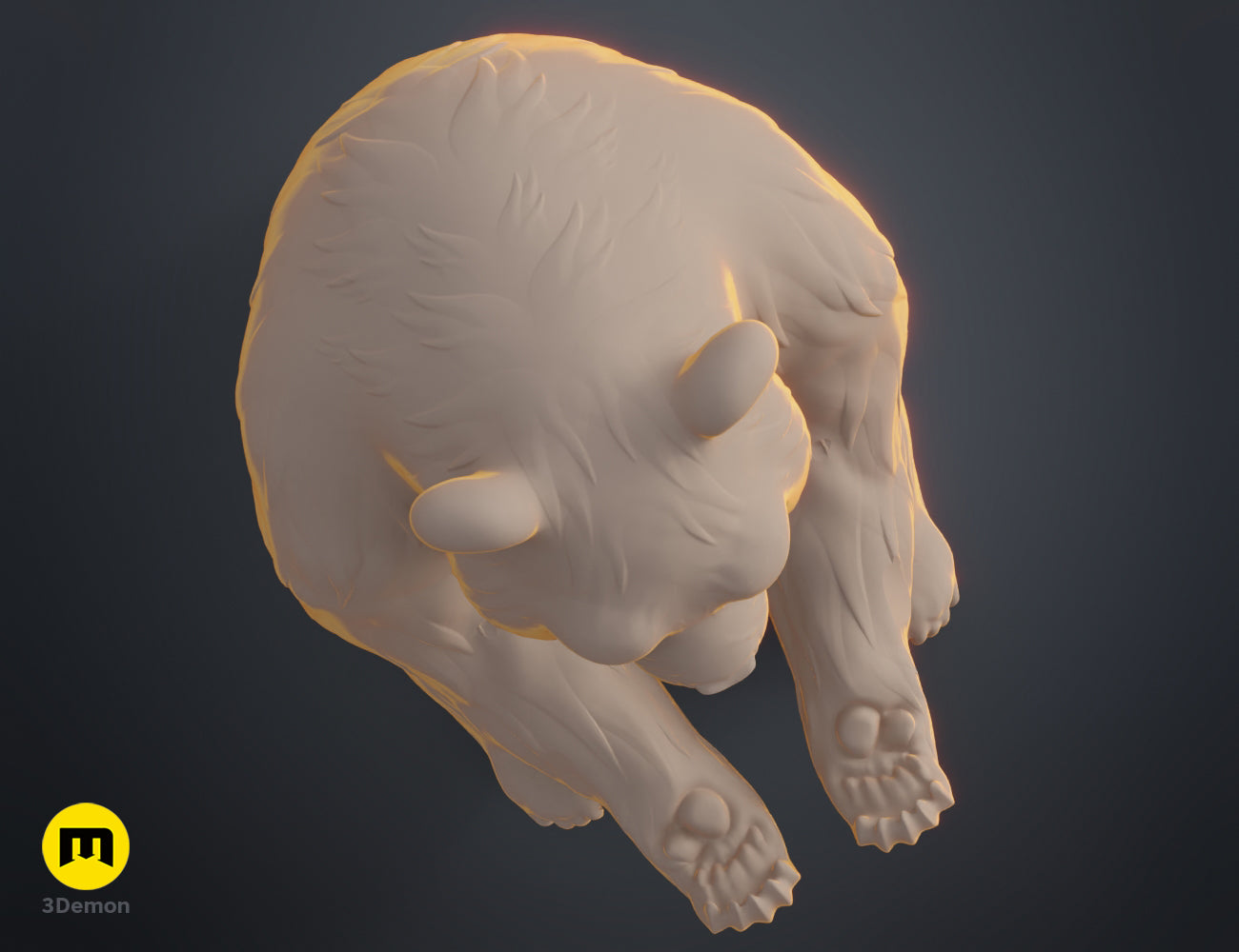 Top view 3D digital model of a cute panda figurine in a tan material, showcasing the detailed fur topology.