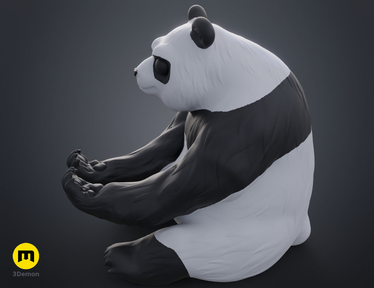 Profile view 3D render of a cute sitting panda figurine with its paws outstretched to hold a controller.