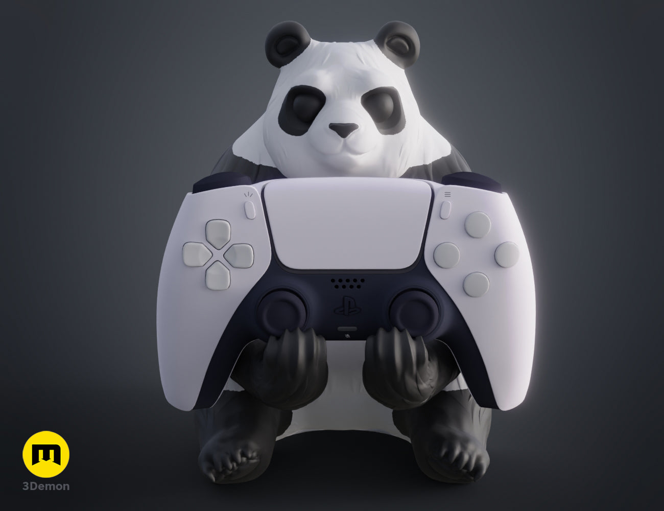 Front view 3D render of a cute panda controller holder with a white PlayStation 5 controller.
