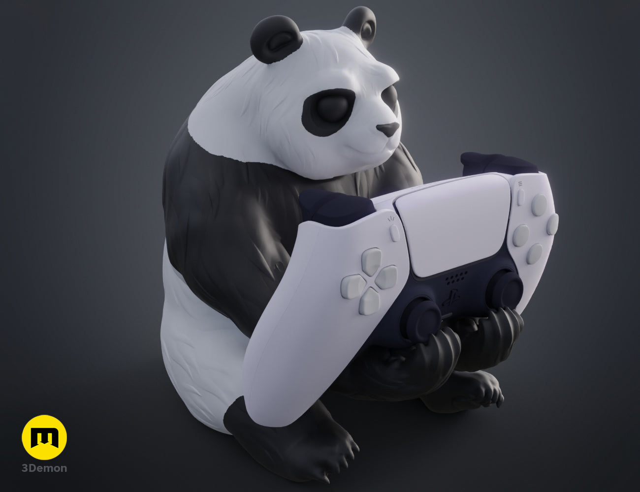 Side-angled 3D render of a cute panda controller stand holding a white PlayStation 5 DualSense controller.