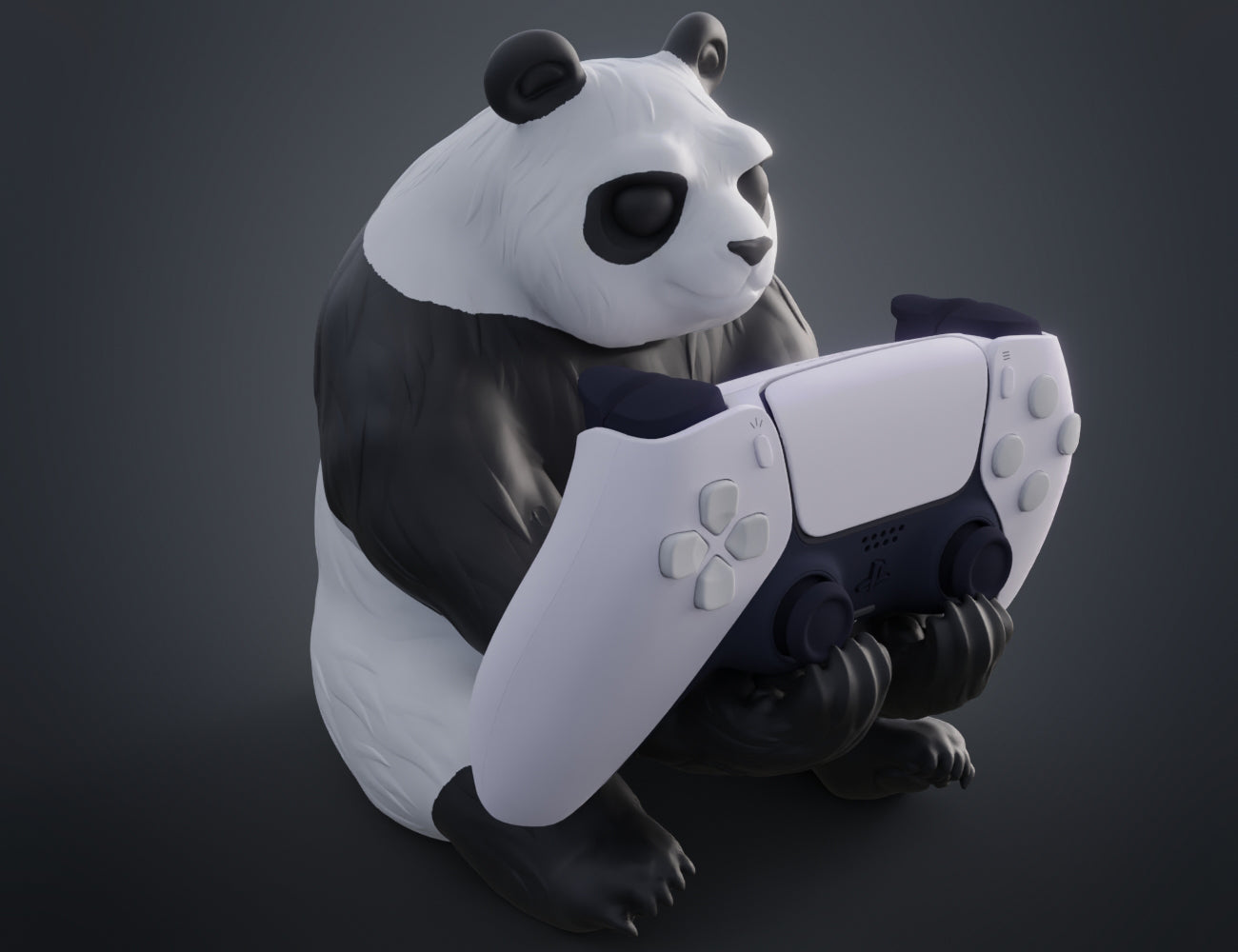 3D render of a cute black and white panda figure holding a white PlayStation DualSense controller.