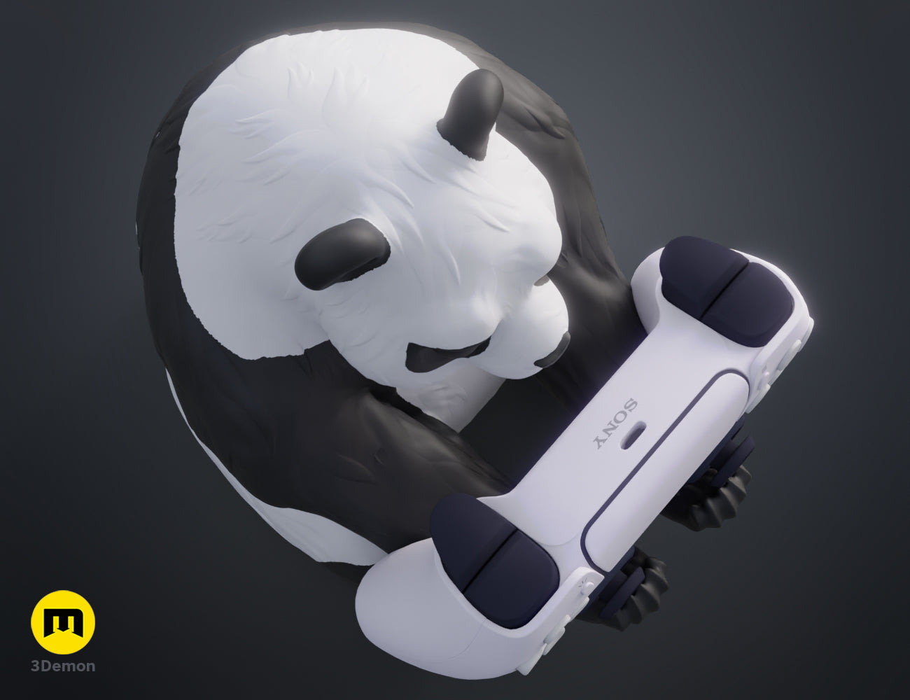 Top-down 3D render of a cute panda figurine holding a white game controller.
