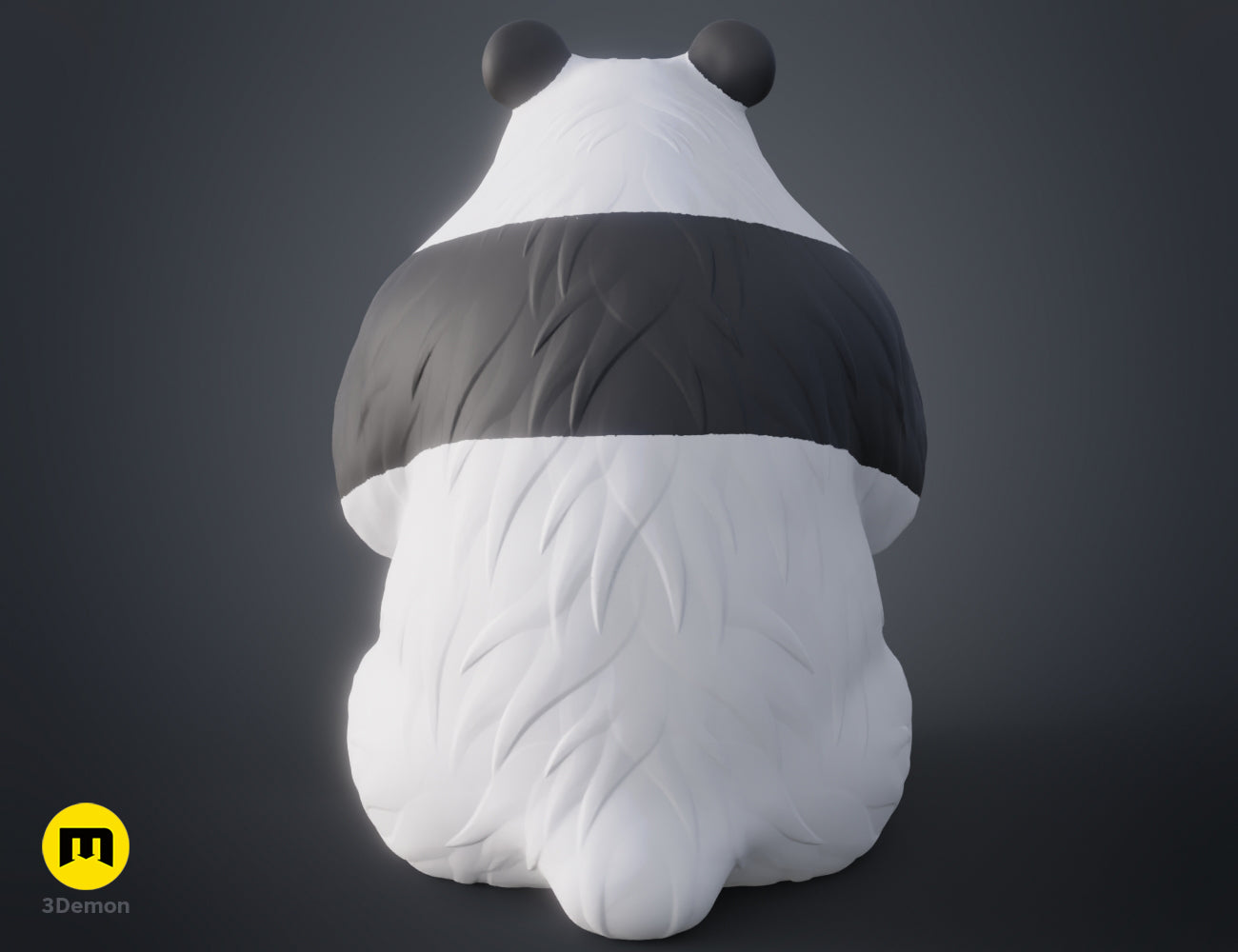 Rear view 3D render of a cute panda figurine, showing the black and white fur pattern and rounded shape.