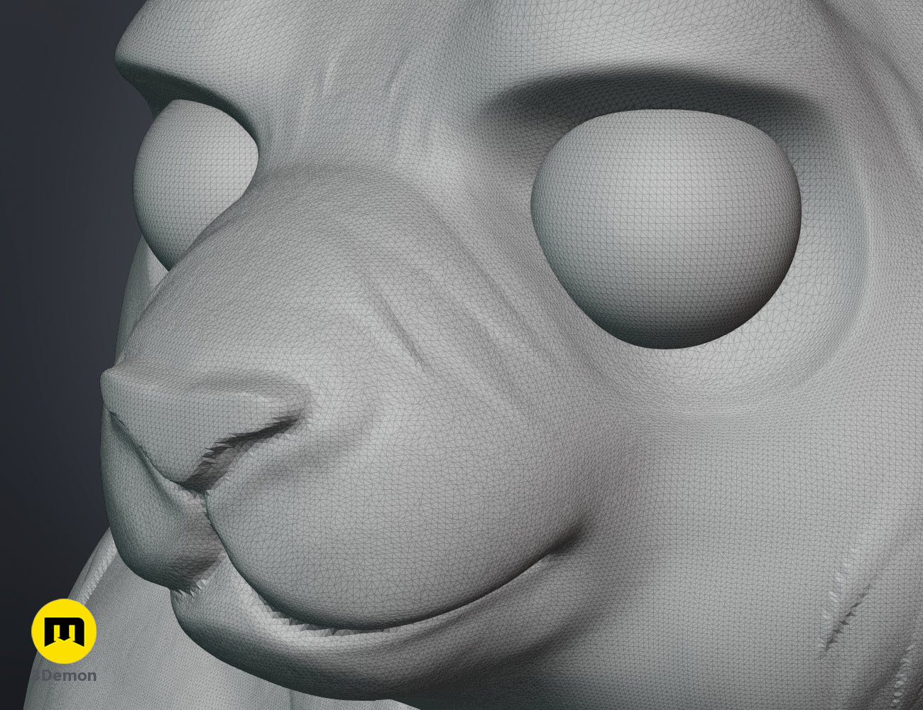Close-up 3D wireframe mesh view of the panda controller holder, showing the high-density digital polygon geometry.