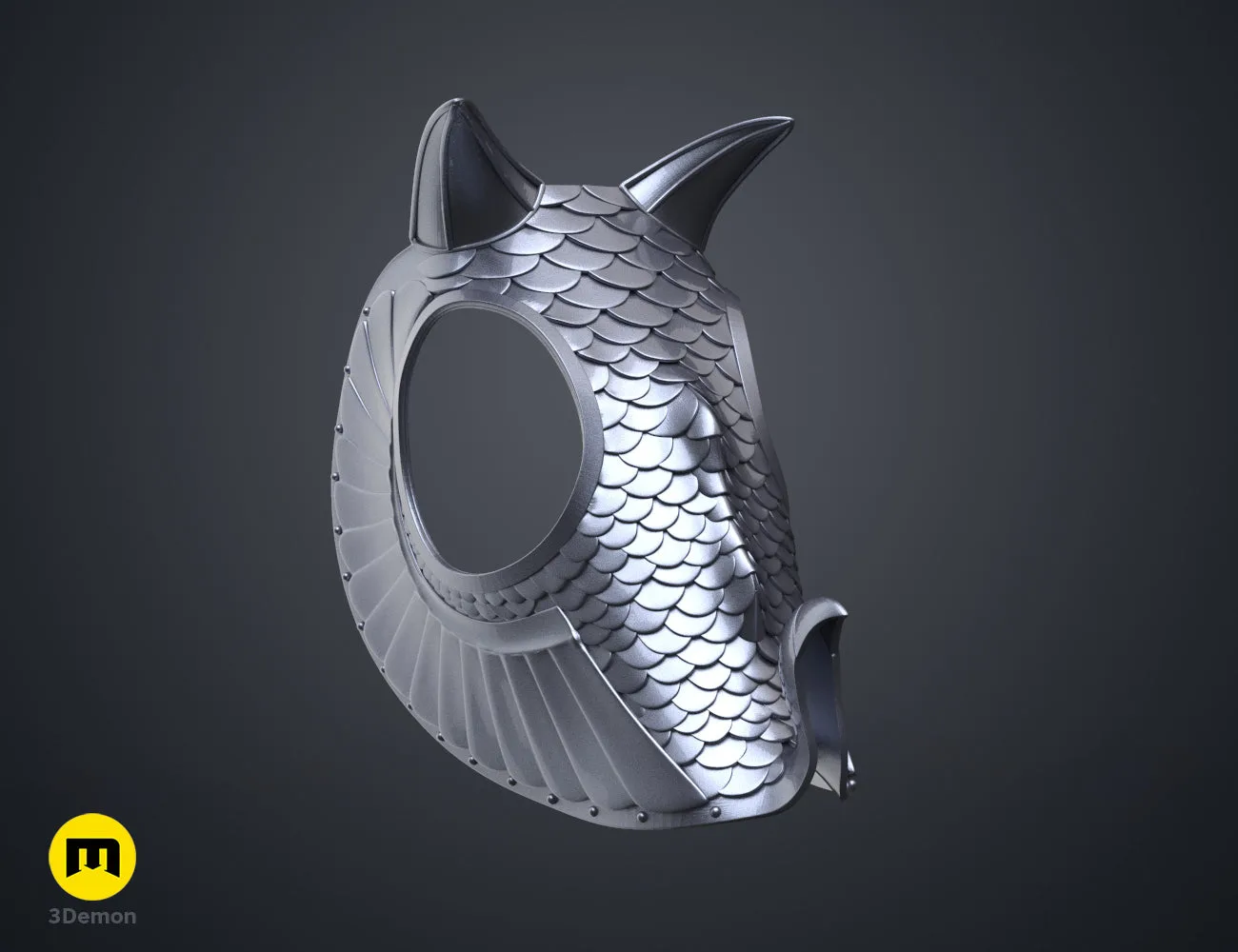 Rear view 3D render of the 3D printable horse head armor showing the interior and scale textures.