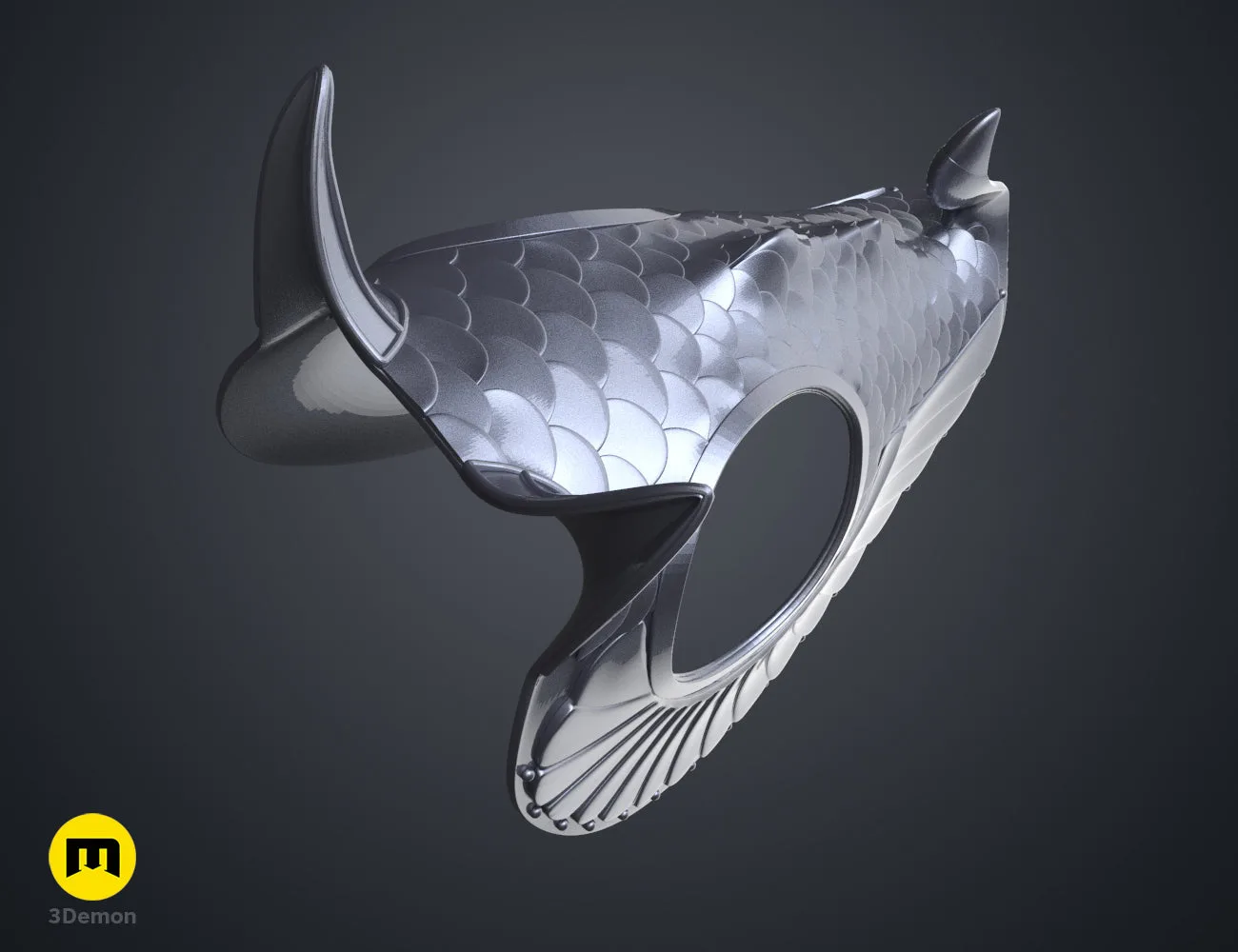3D render of a side armor piece for the horse head, featuring a detailed scale pattern.