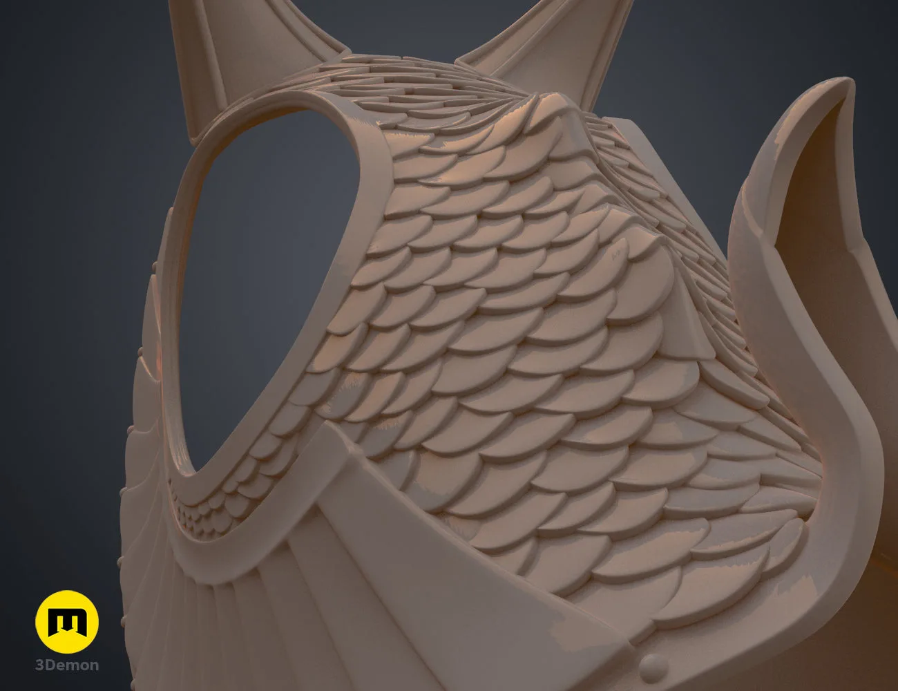 Metallic silver 3D render of the Rings of Power horse head armor, showing detailed scale textures.