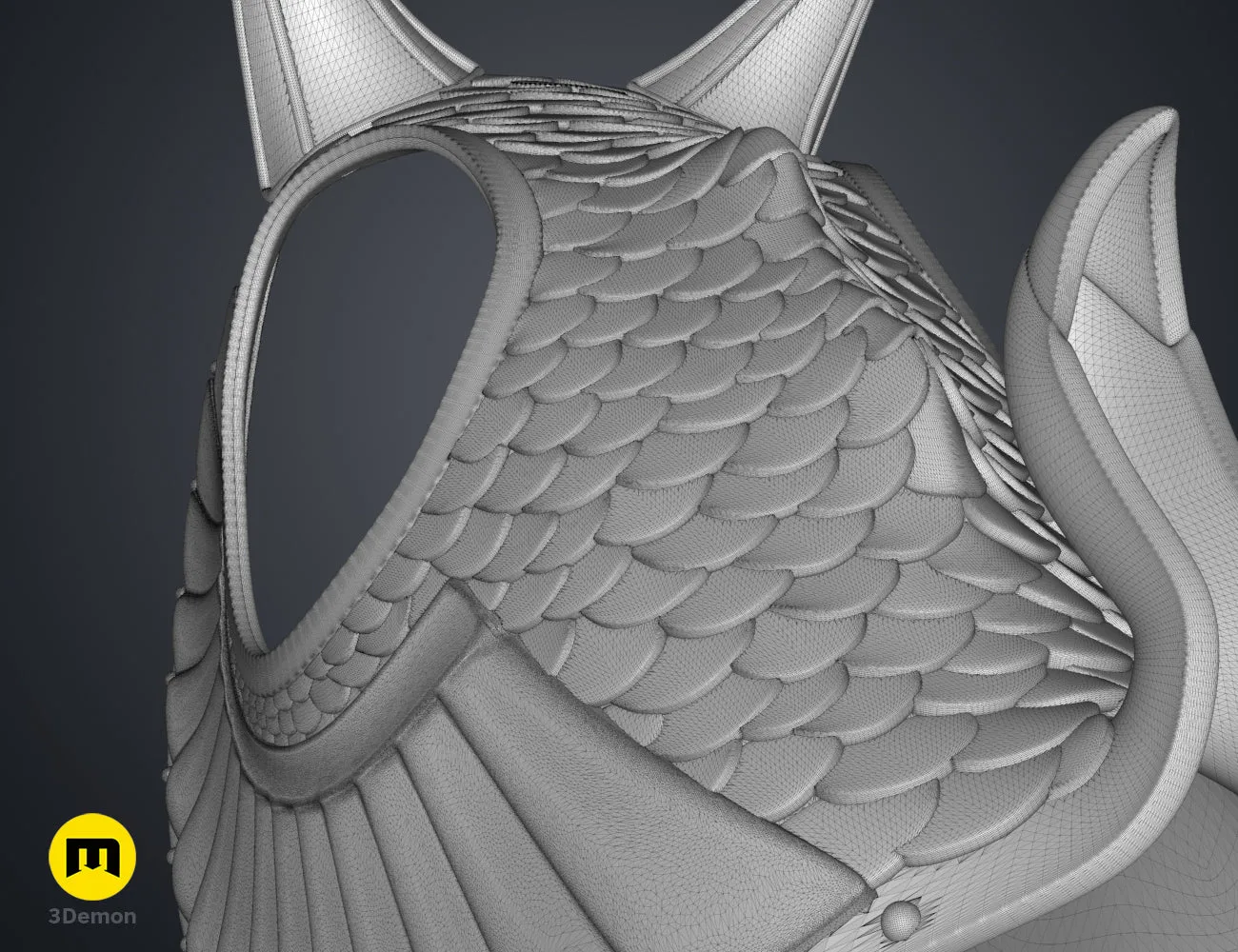 Rear-angled 3D render of the silver scaled horse armor, highlighting the interior structure.