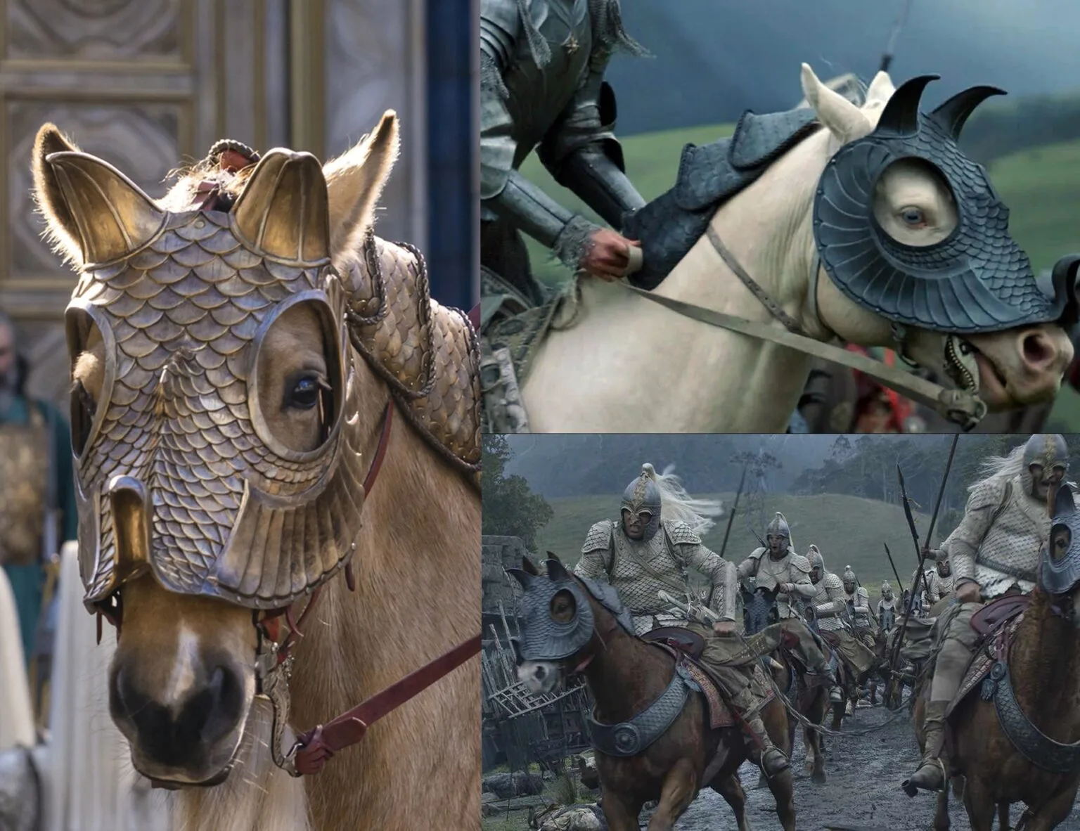 Metallic gold 3D render of the Galadriel horse head armor from the side, showcasing scale details.