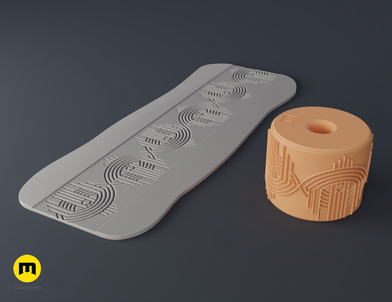 3D digital model of an Aztec texture roller and clay strip with arched lines and vertical geometric bars.