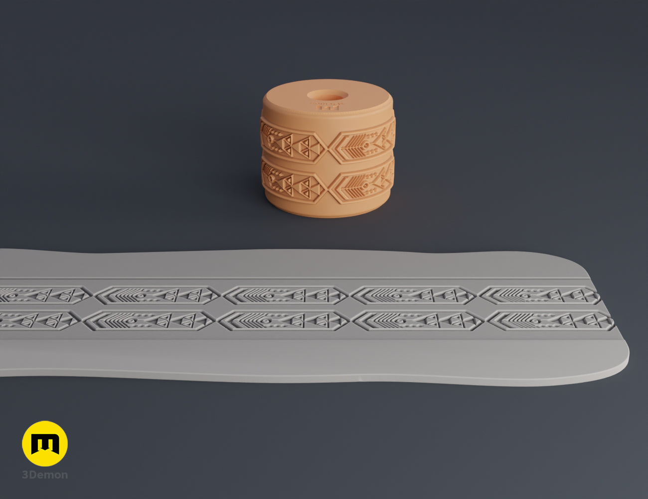 3D digital render of an Aztec texture roller and clay strip featuring a repeating hexagonal geometric pattern.