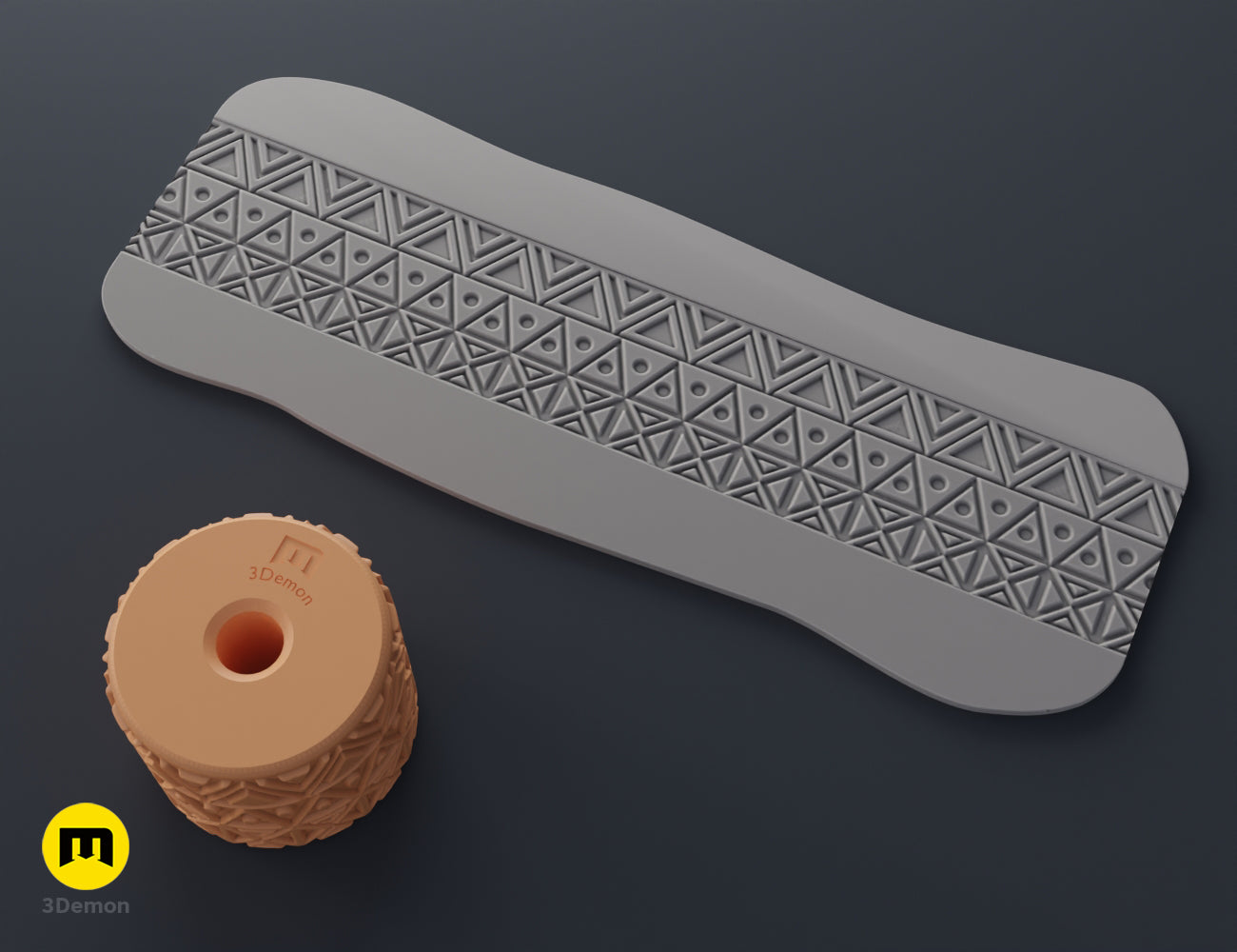 3D render of a geometric texture roller and clay strip with a repeating triangular Aztec design.
