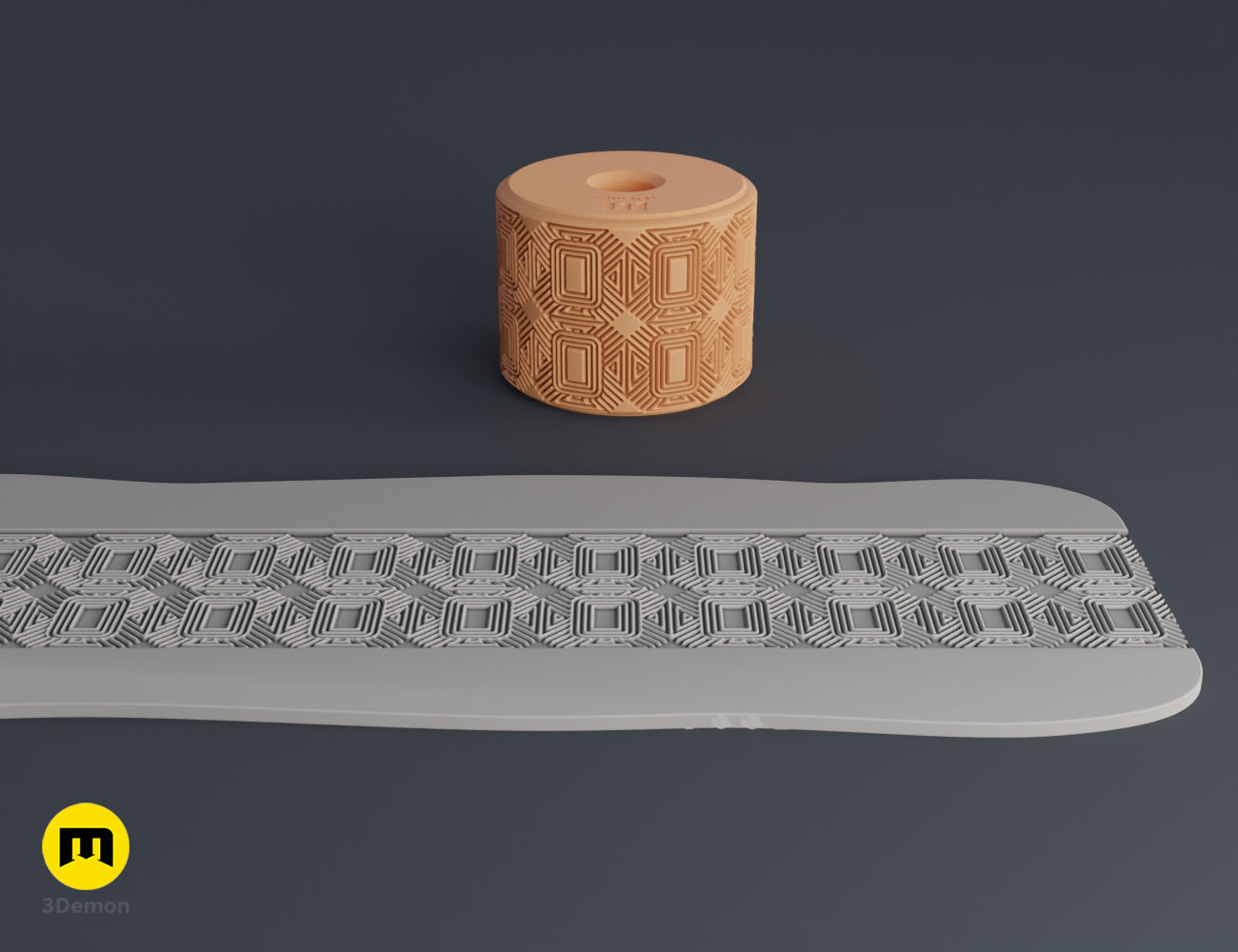 3D render of a mesoamerican texture roller and clay strip with a repeating rectangular and cross design.