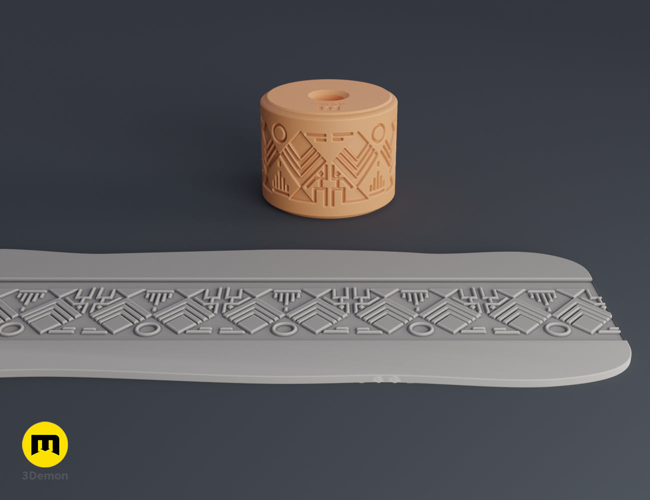 3D visualization of an Aztec texture roller and clay strip featuring a pattern of triangles and small circles.