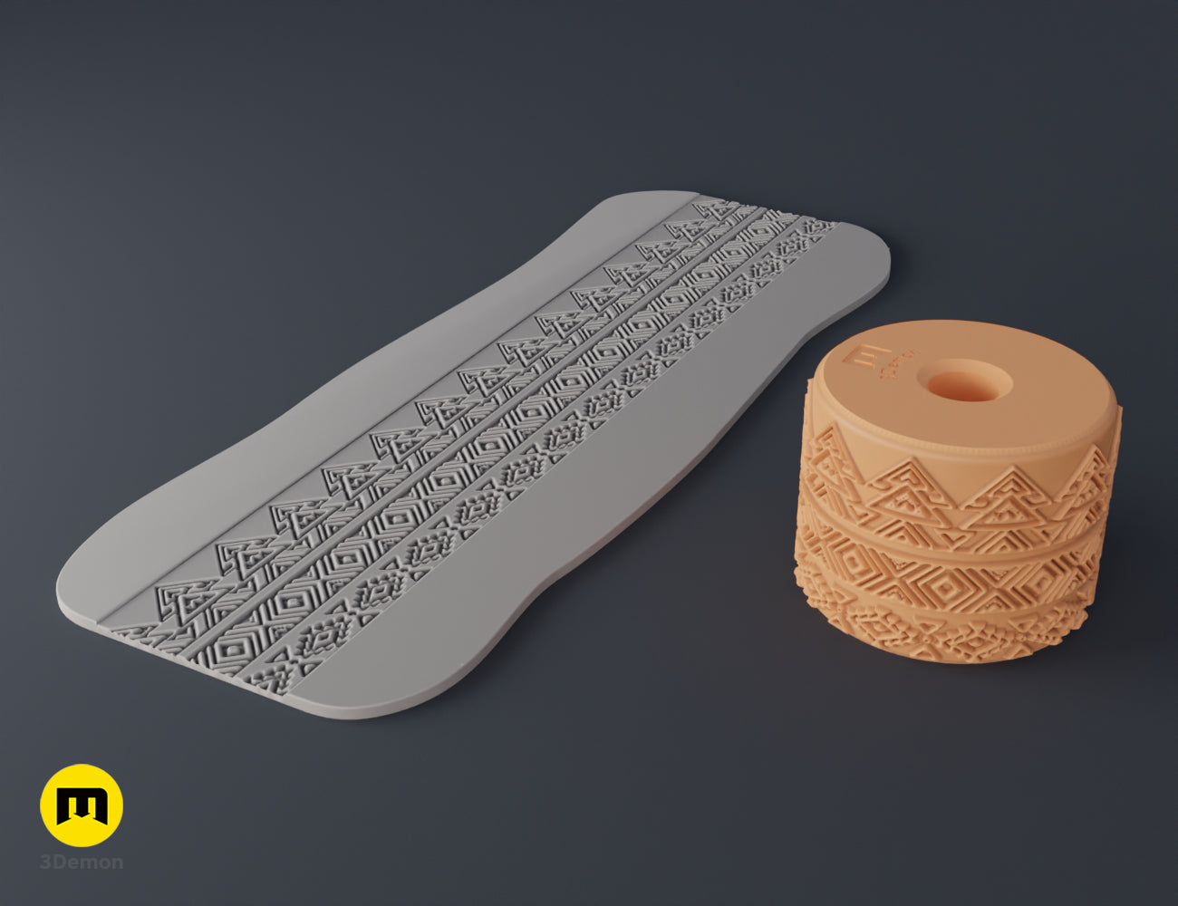 Digital 3D model of an Aztec texture roller and clay strip with a complex repeating geometric triangle pattern.