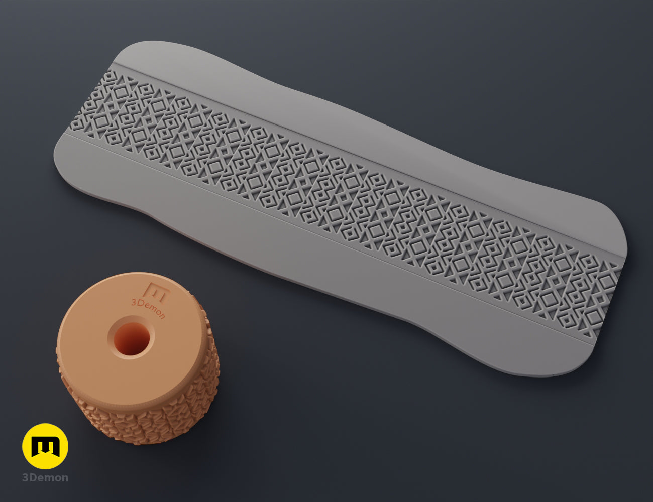 Digital render of an Aztec texture roller and clay strip with a repeating diamond and cross geometric design.