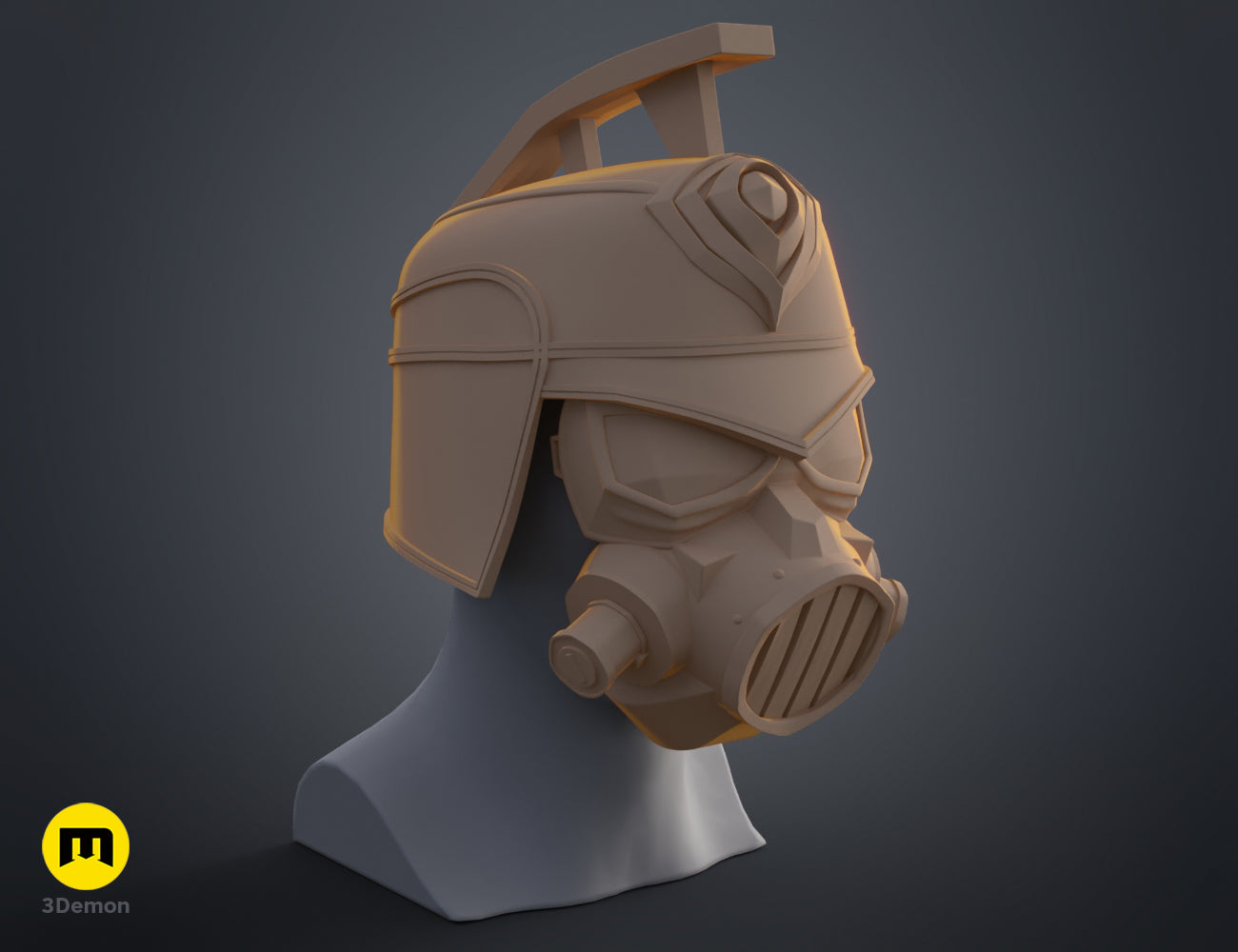 Side view 3D render of the unpainted Enforcer helmet and gas mask model in a neutral beige material.