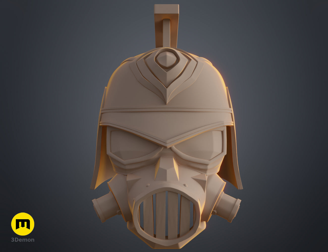 Front view 3D render of the Enforcer helmet and gas mask prop in a beige unpainted digital preview.