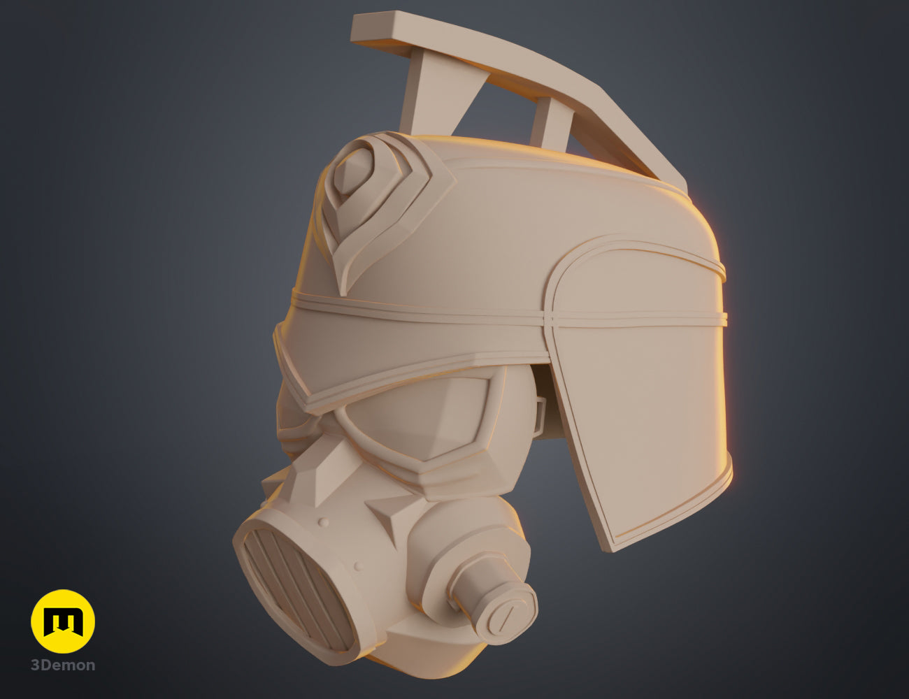 Angled 3D render of the Enforcer helmet and gas mask model in beige, showing crest and side filter details.
