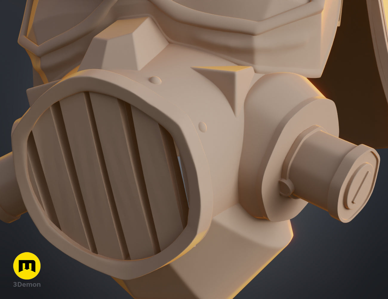Close-up 3D render of the Enforcer gas mask grill and side filter attachment in unpainted beige material.