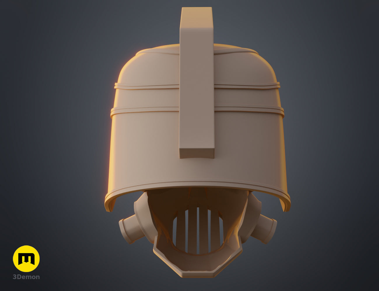 Rear view 3D render of the Enforcer helmet and gas mask model in unpainted beige material.