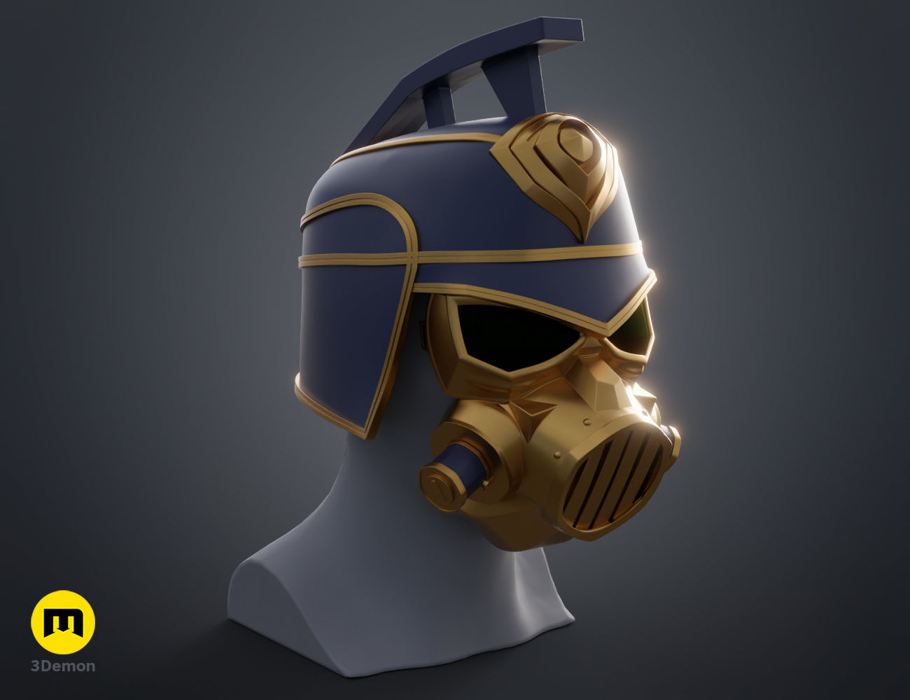 Side view 3D render of the Arcane Enforcer helmet and mask displayed on a white mannequin head.