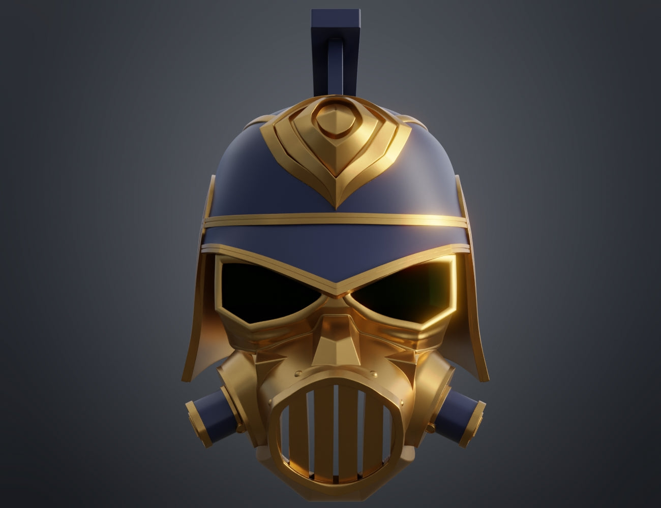 Front view 3D render of the Arcane Enforcer helmet and mask in navy blue and metallic gold.