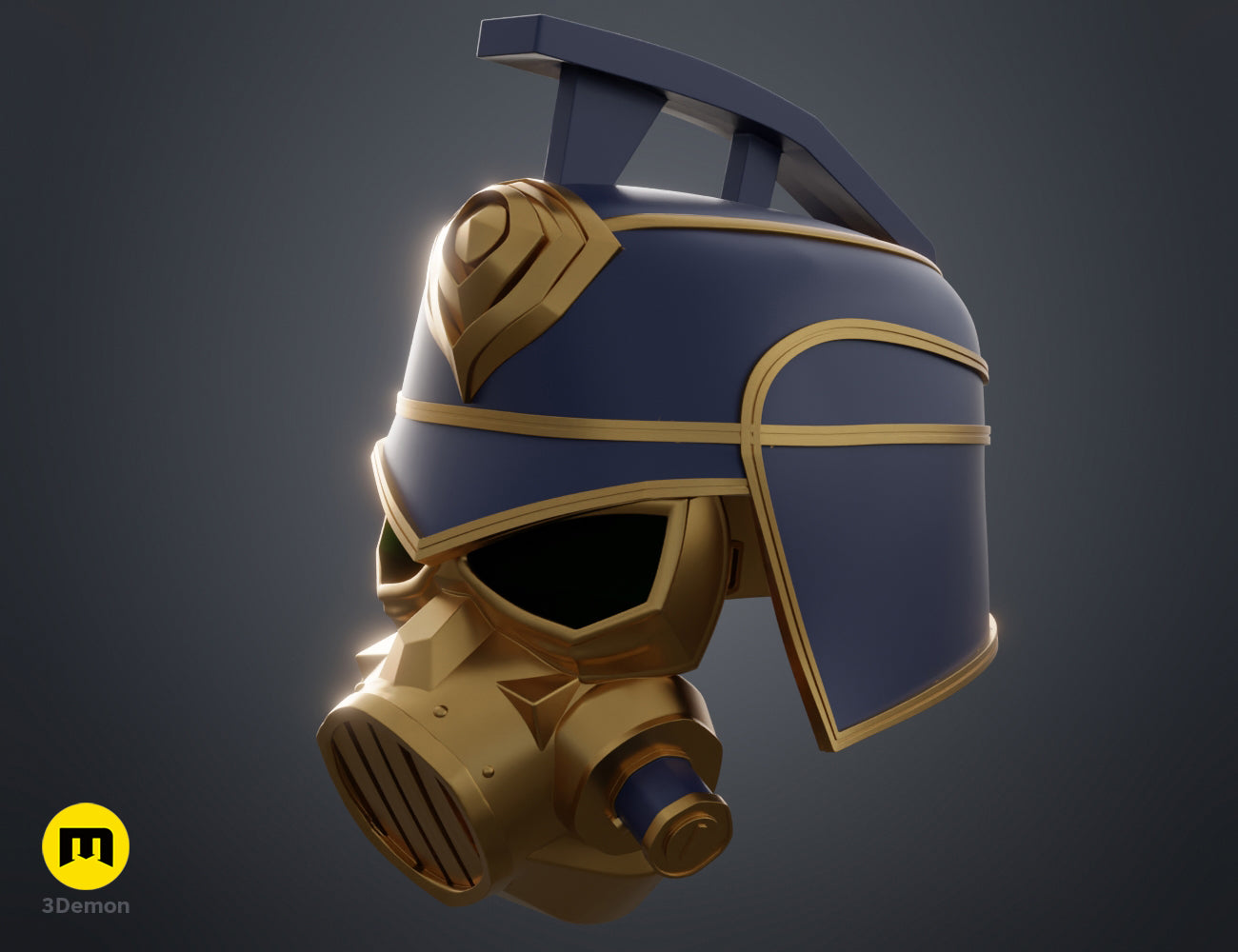 Angled 3D render of the Arcane Enforcer helmet and gas mask prop, showcasing the gold grill and side filters.