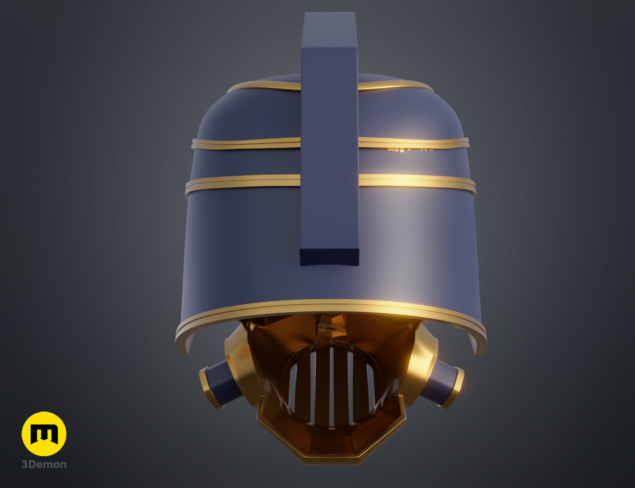 Rear view 3D render of the Arcane Enforcer helmet showing the blue plating and gold accent bands.