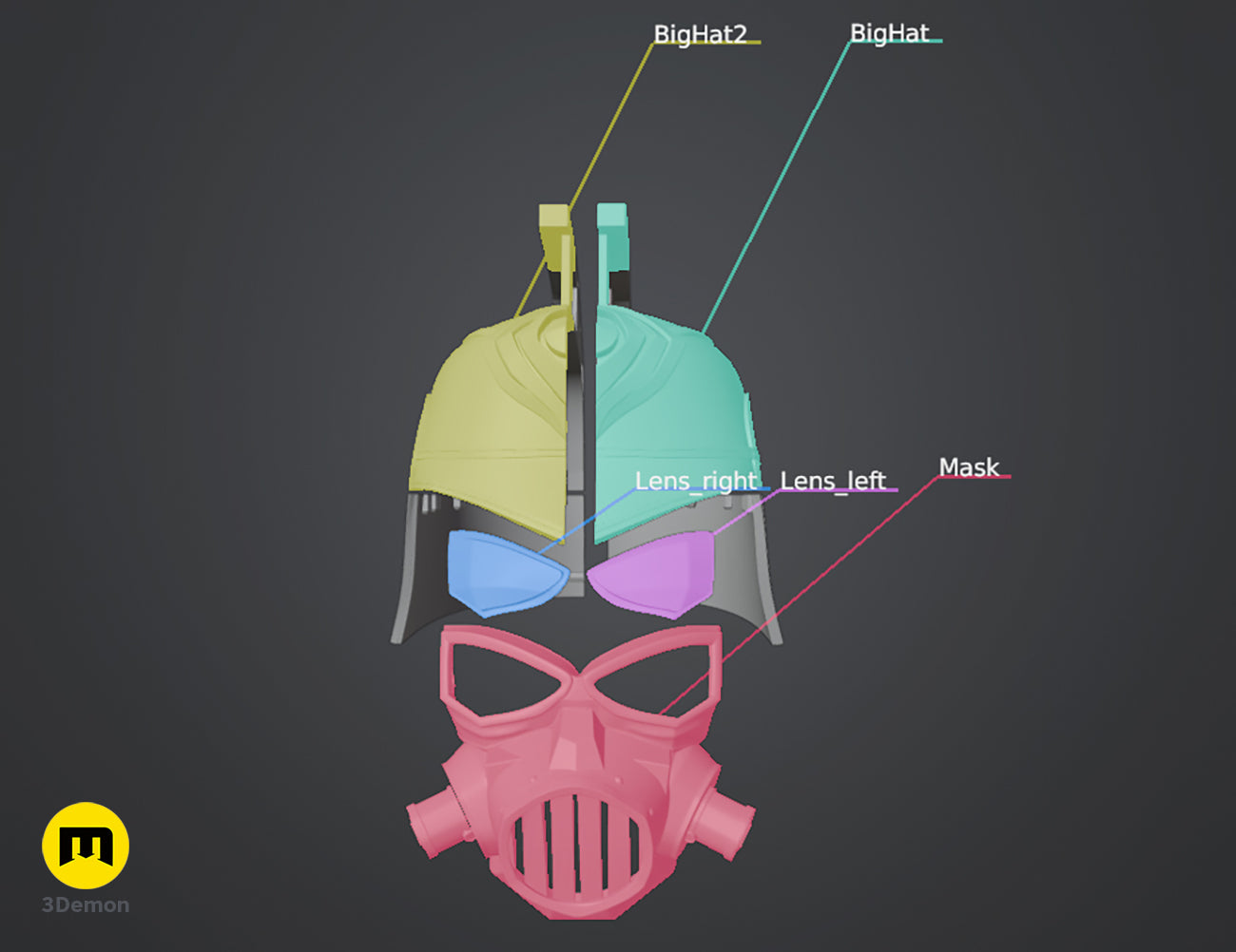 3D model parts for the Enforcer helmet and gas mask, including lenses and mask body, colored for assembly.