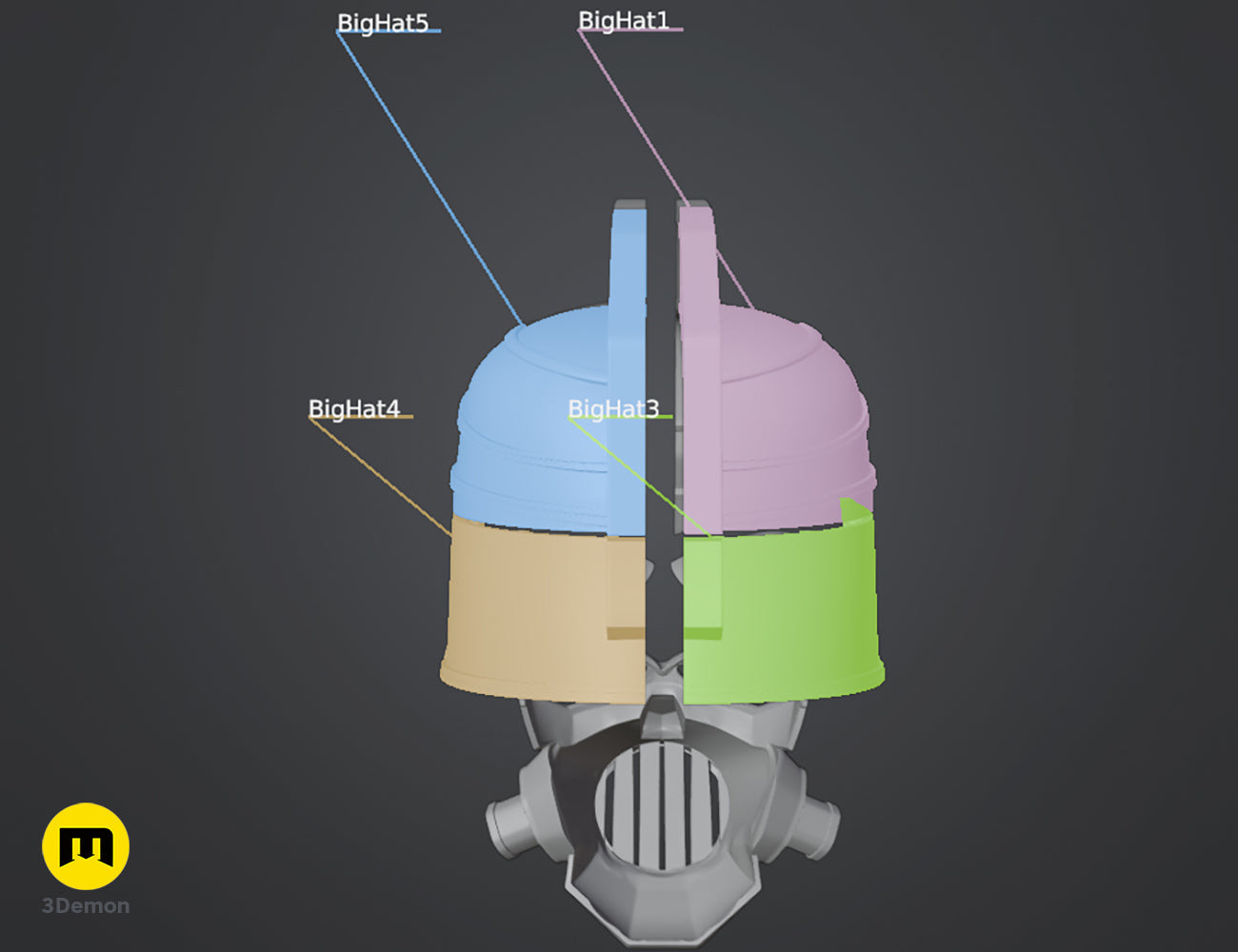 Diagram showing the Enforcer helmet split into color-coded parts for 3D printing, labeled BigHat1 to BigHat5.