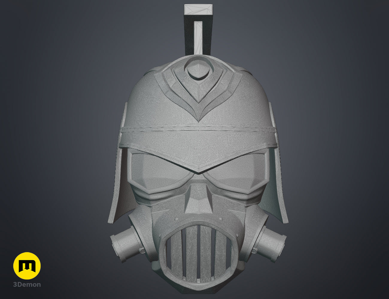 High-resolution wireframe mesh view of the Arcane Enforcer helmet and gas mask 3D printable model.