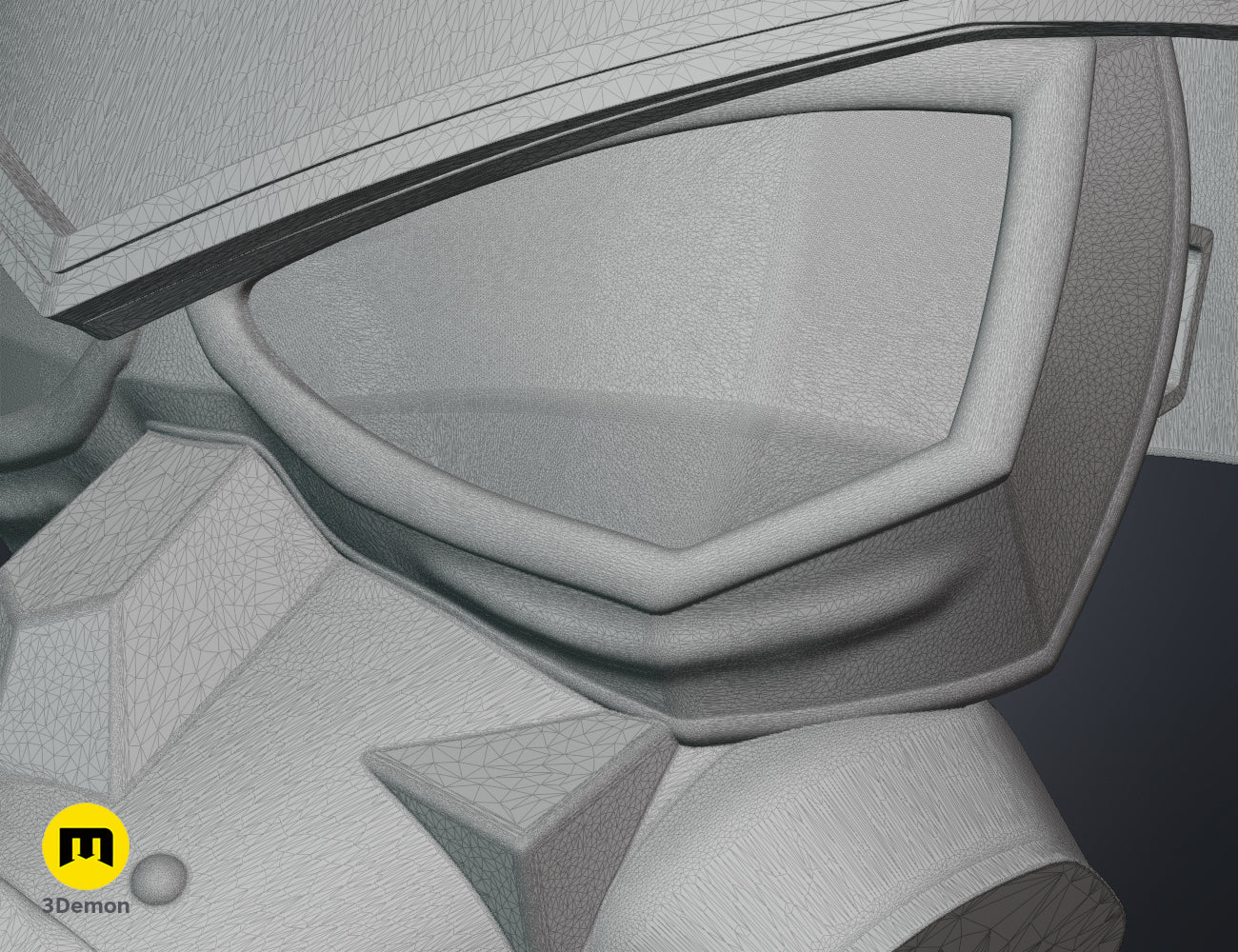 Close-up wireframe view of the Enforcer gas mask lens area, showing the detailed polygon mesh for 3D printing.