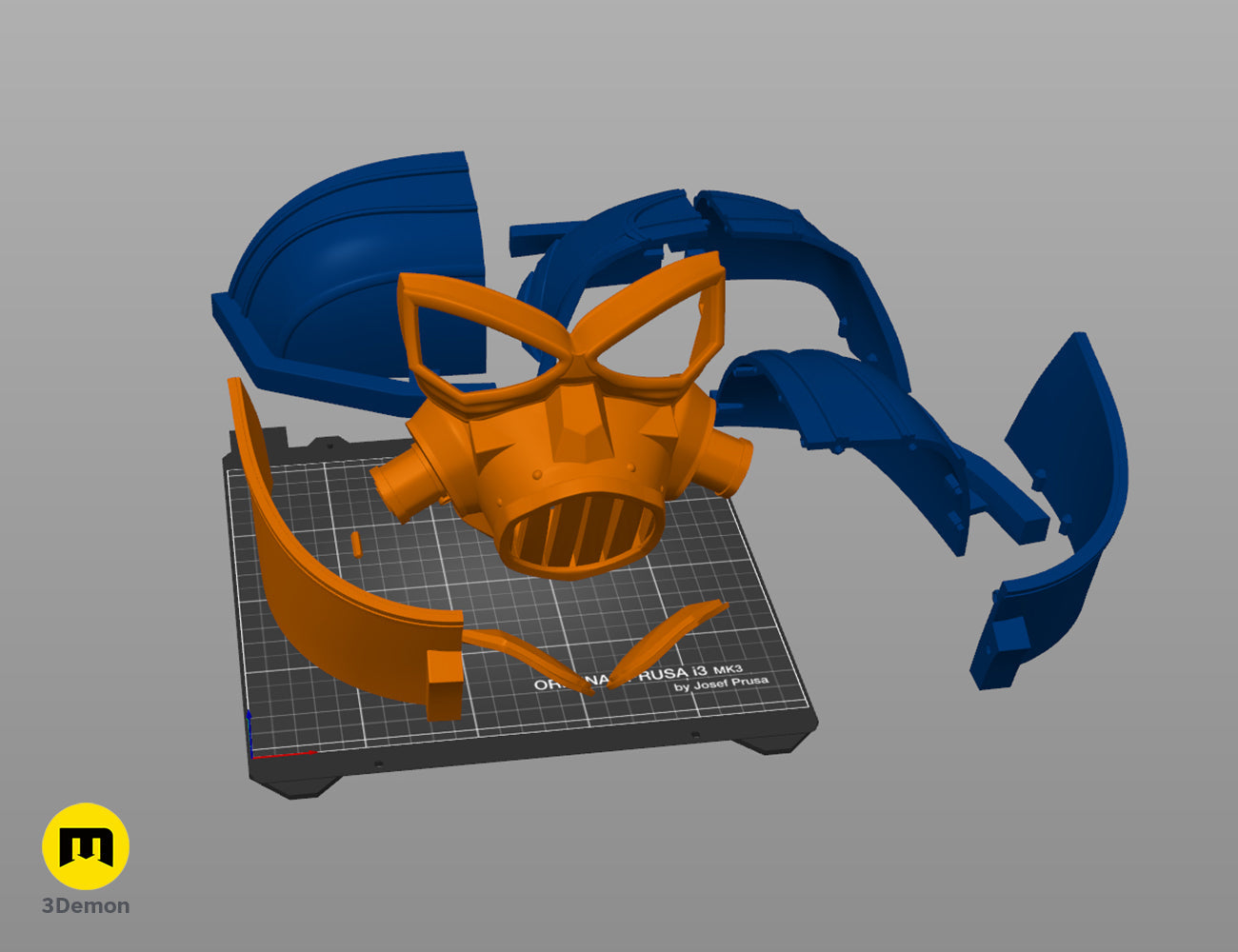3D slicer view of blue and orange Enforcer mask and helmet parts on an Original Prusa i3 MK3 print bed.