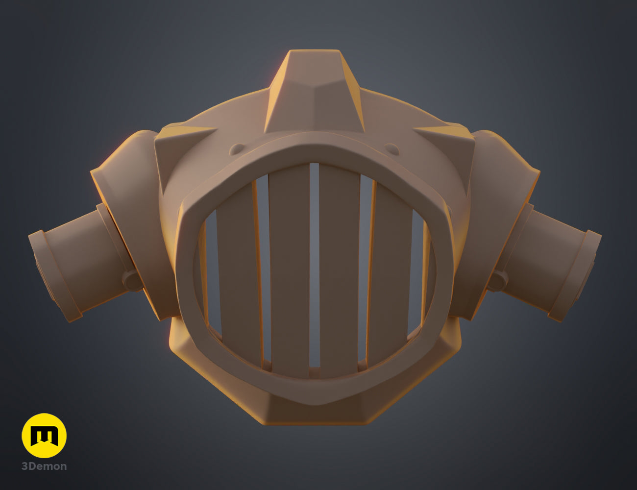 Front view of the Jinx gas mask 3D model in a neutral beige material, showing the unpainted digital sculpture.
