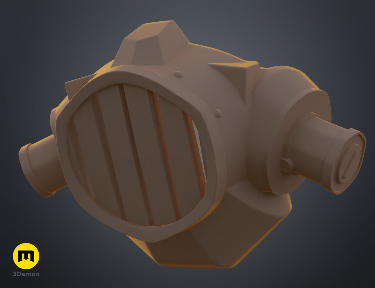 Angled side view of the Jinx gas mask 3D model in beige, illustrating the filter shape and strap attachment.