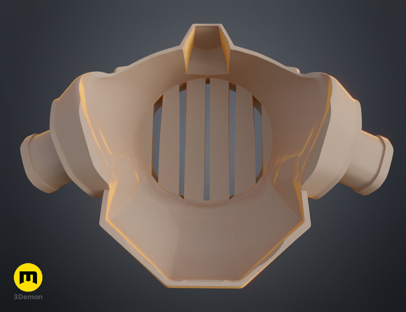 3D render of the Jinx gas mask in beige, showing detailed filter rims and the central grill from a side angle.