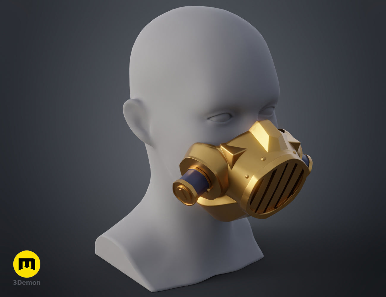 Angled 3D render of the Arcane Jinx gas mask prop, showcasing gold and black metallic finishes.