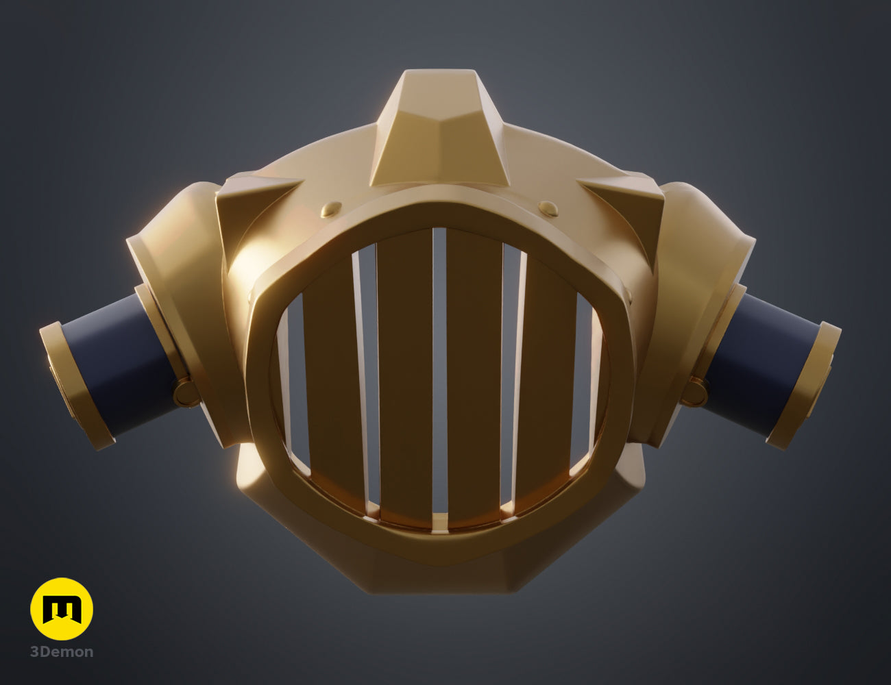 3D render of Jinx's gas mask from Arcane with a gold front grill and black side filters, front view.
