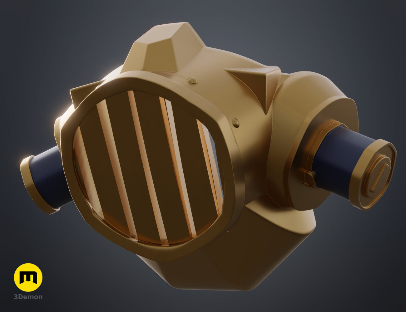 Rear 3D render of the Jinx gas mask prop, highlighting the filter attachments and interior mask design.