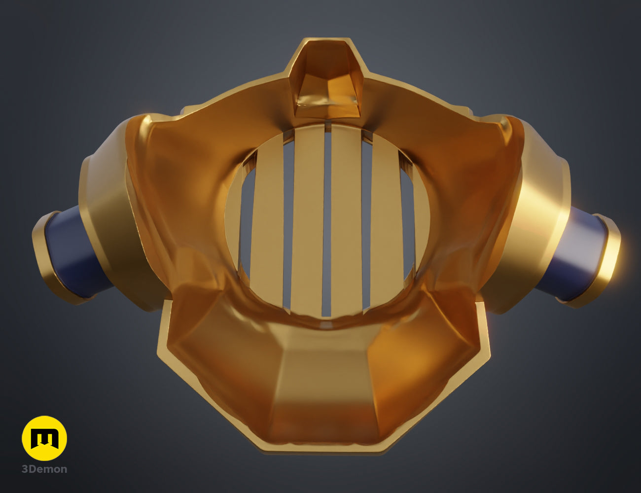 Detailed front view 3D render of the Jinx gas mask, focusing on the gold-painted vertical bars of the grill.