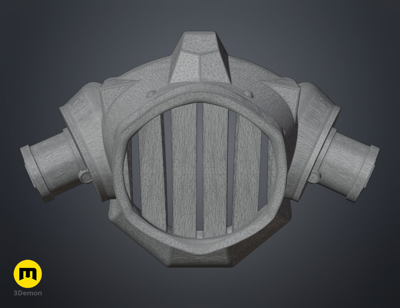Wireframe mesh view of the Jinx gas mask 3D printable model, showcasing the digital polygon geometry.