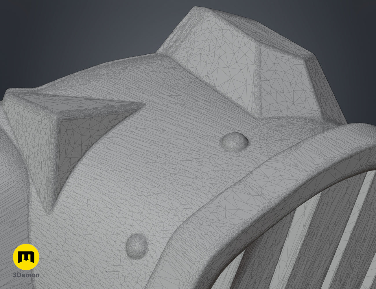Close-up wireframe view of the Jinx gas mask 3D model, highlighting the high-resolution topology for 3D printing.
