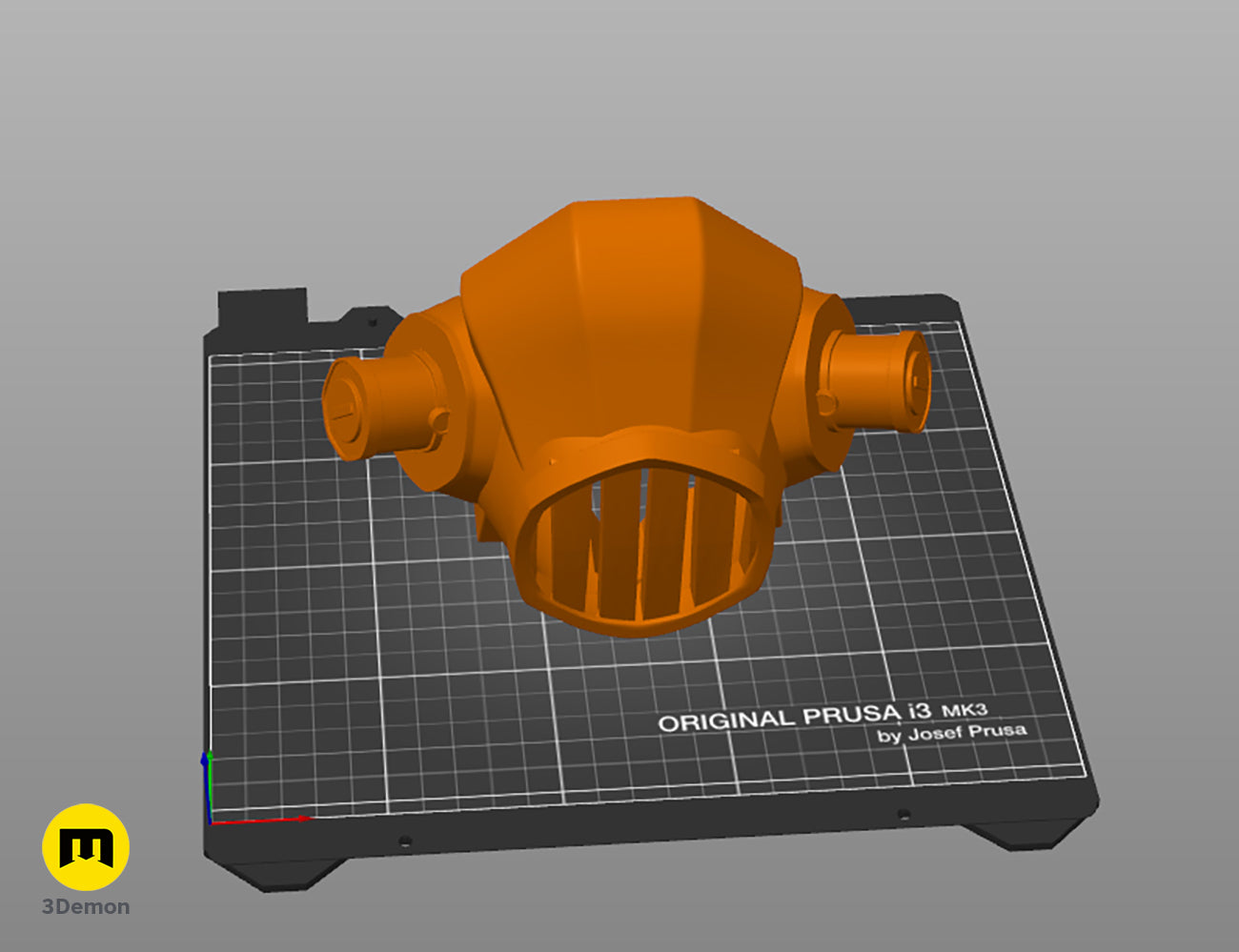Orange 3D model of Jinx's gas mask prop displayed in 3D slicer software on a virtual print bed.