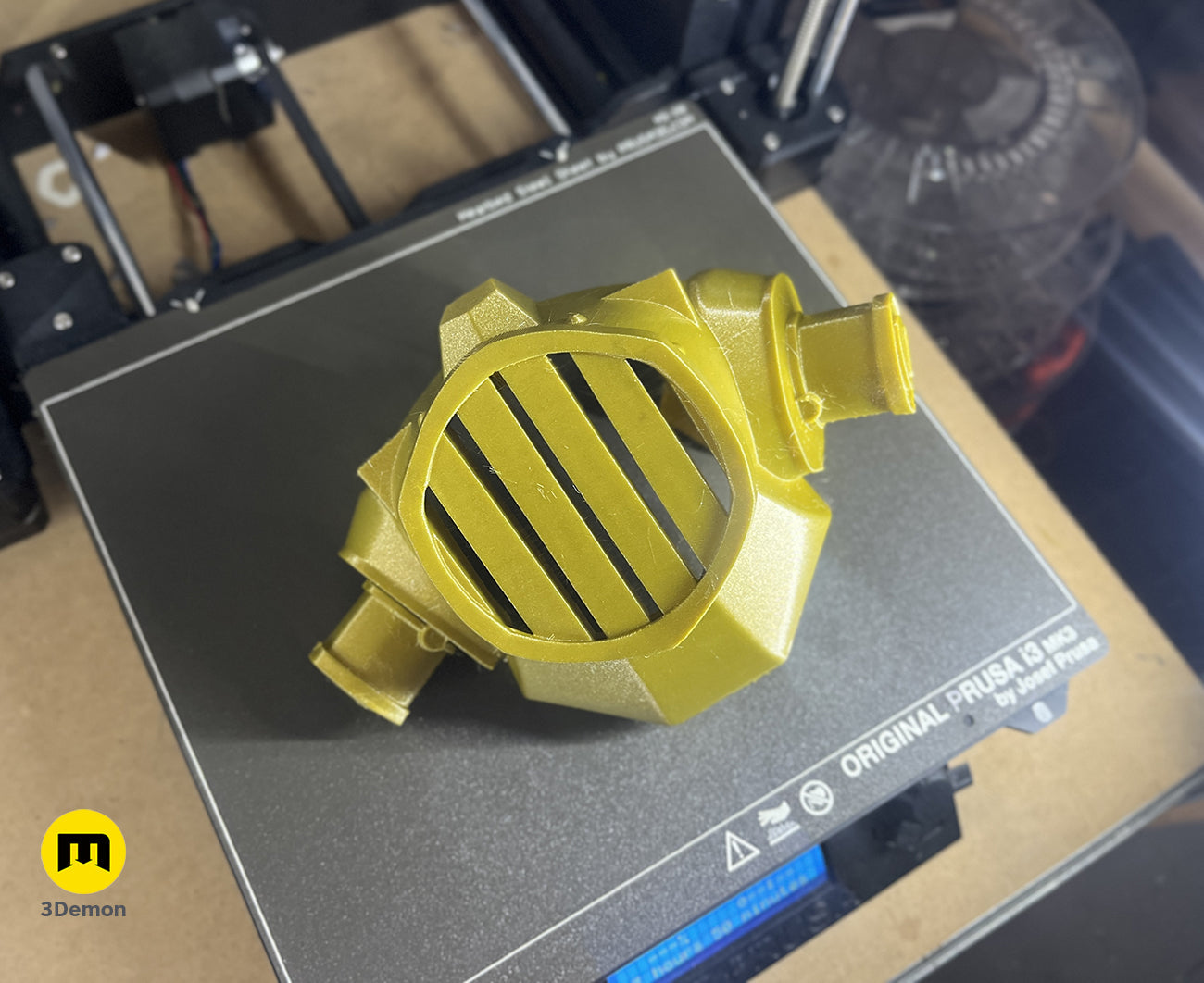 Rear view of the 3D printed Jinx gas mask prop, displaying the interior structure and filter connection points.