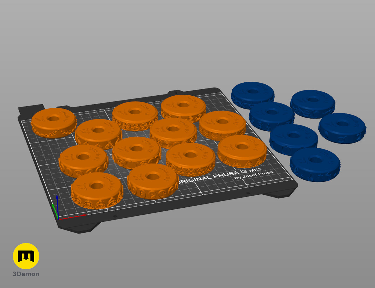 3D slicer preview of various 3D printable stamp wheels with occult and witchcraft symbols.