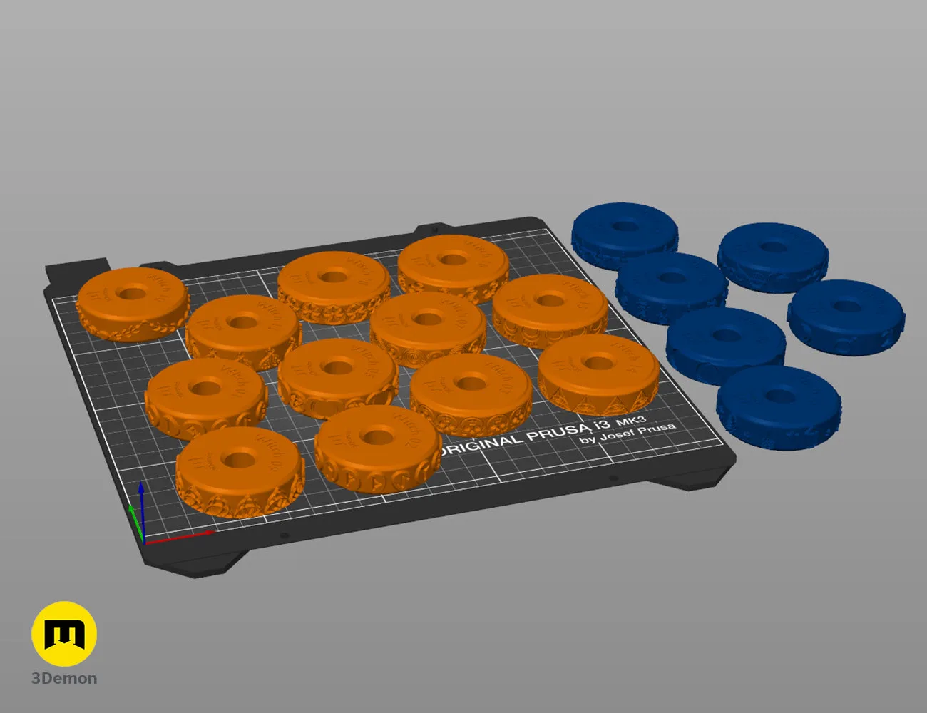 3D slicer preview of various 3D printable stamp wheels with occult and witchcraft symbols.